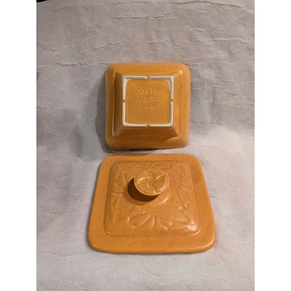 Vtg California Pottery Lid Dish L66 Yellow Gold Mid Century Speckled MCM Snack - Picture 8 of 16